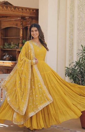 Beautiful Yellow Colour Faux Georgette Ruffle Flair Anarkali Gown