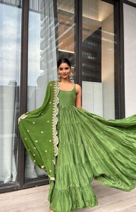 Parrot Green Colour Ruffle Flair Anarkali Party Wear Gown