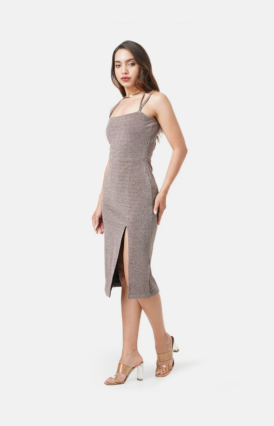 Elegant Beige Shimmer Thigh-High Slit Dress