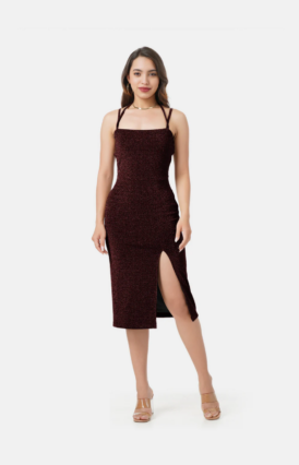 Elegant Wine Shimmer Thigh-High Slit Dress
