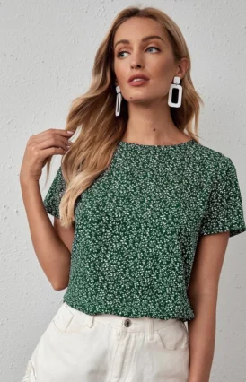 Women?s Western Wear Green Rayon Floral Top
