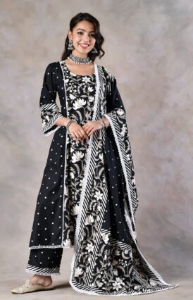Black Floral Paneled Kurta Pant and Dupatta Set