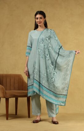 Pantalms Hand Embellished Muslin Zari Printed Women's 3 PC Long Kurta Set with Dupatta - Sea Green