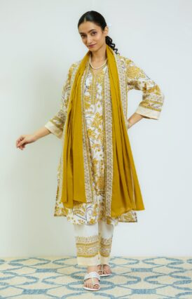 Ochre Yellow Sanganeri Printed Cotton Kurta Set with Contrast Mul Cotton Dupatta