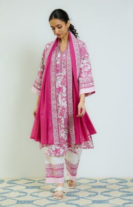 Rani Pink Sanganeri Printed Cotton Kurta Set with Contrast Mul Cotton Dupatta