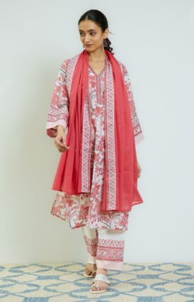 Peach Red Sanganeri Printed Cotton Kurta Set with Contrast Mul Cotton Dupatta