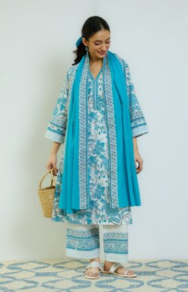 Ocean Blue Sanganeri Printed Cotton Kurta Set with Contrast Mul Cotton Dupatta