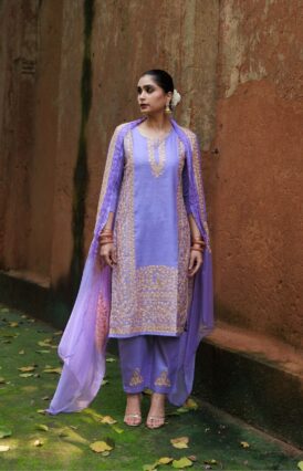 Pantalms Crafts Cotton Aari Embroidered Solid Women's 3 PC Long Kurta Set - Purple