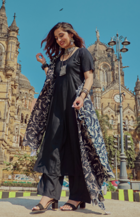Black Flared Kurta Set with Scalloped Dupatta