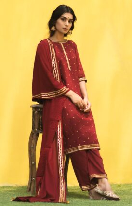 Maroon Bindi Kurta Set with Dupatta & Gota Work