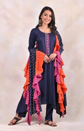 Indigo Kurta Pants Set with Tiered Bandhani Dupatta