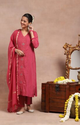 Chanderi  Mukaish Solid Women's 4 PC Long Kurta Set - Pink