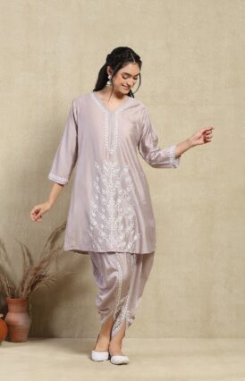 Chanderi  Solid Women's 2PC Dhoti Kurta Set -Metallic Grey