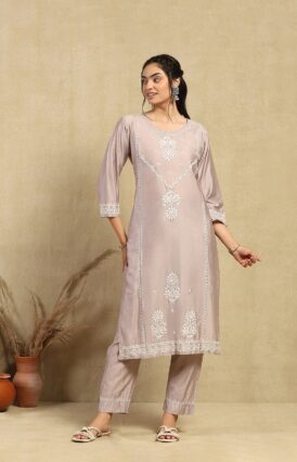 Chanderi  Solid Women's 2PC Long Kurta Set -Metallic Grey