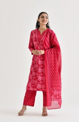 Pink Lotus Printed Cotton Kurta Pant Dupatta Set with Lace & Embroidery Details