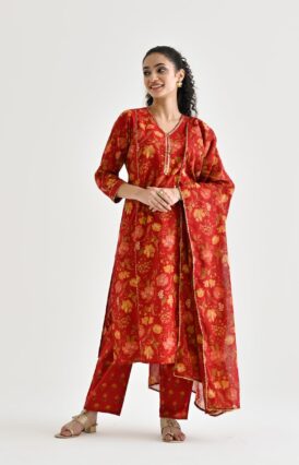 Red Floral Printed Cotton Kurta Pant Dupatta Set with Sequin Embroidered Neckline