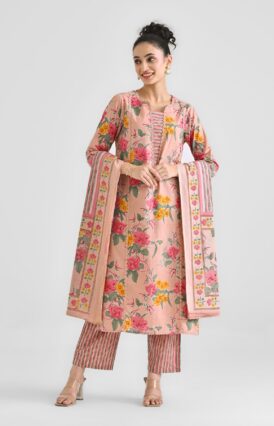 Peach Sanganeri Floral Printed Cotton Kurta Pant Set with Dupatta & Lace Detail