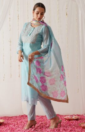 Sky Blue Embroidered Chanderi Kurta Set with Dupatta