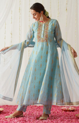 Sky Blue Chanderi Gold Printed Kurta Set with Dupatta