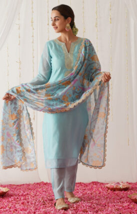 Light Blue Embroidered Chanderi Kurta Set with Dupatta