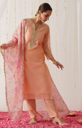 Peach Embroidered Chanderi Kurta Pant Dupatta Set with Gota Details
