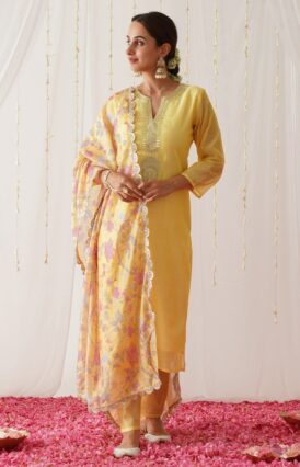 Yellow Embroidered Chanderi Kurta Pant Dupatta Set for Women with Gota Details