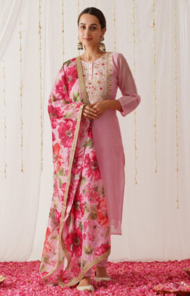 Pink Embroidered Chanderi Kurta Set with Dupatta