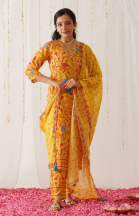 Yellow Neck Embroidered Kurta Set with Dupatta