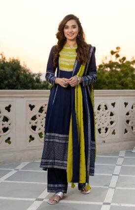 Blue & Olive Silver Printed Flared Kurta Dupatta Set with Gota Details