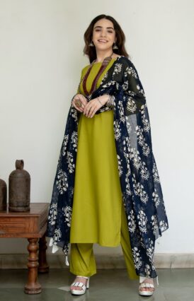 Olive Salwar Kurta Set for Women with Indigo Dupatta