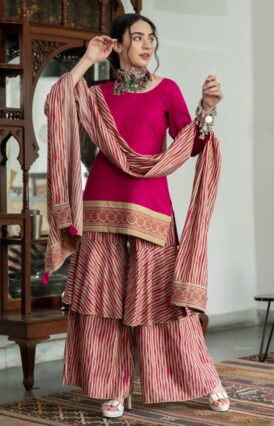 Magenta & Beige Kurta Ruffle Pant Set with Dupatta