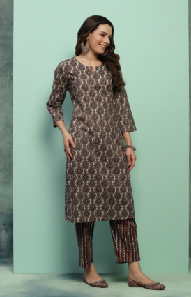 Cotton Printed Women's 2 PC Long Kurta Set - Black