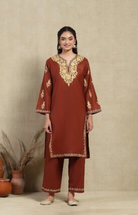Pantalms Crafts Cotton Aari Embroidered Solid Women's 2 PC Long Kurta Set - Brown