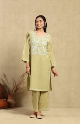 Pantalms Crafts Cotton Aari Embroidered Solid Women's 2 PC Long  Kurta Set - Green