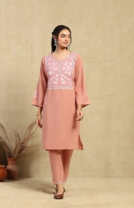 Pantalms Crafts Cotton Aari Embroidered Solid Women's 2 PC Long  Kurta Set - Pink