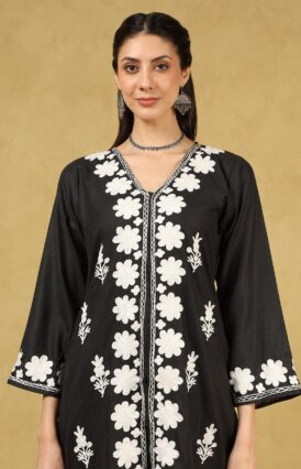 Pantalms Crafts Cotton Aari Embroidered Solid Women's 2 PC Short Kurta Set - Black