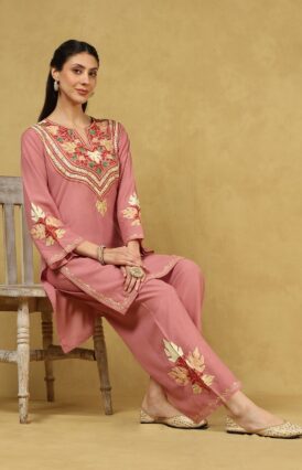 Pantalms Crafts Cotton Aari Embroidered Solid Women's 2 PC Short Kurta Set - Pink