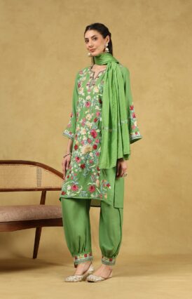 Pantalms Crafts Cotton Aari Embroidered Solid Women's 3 PC Short Kurta Set with Dupatta - Parrot Green
