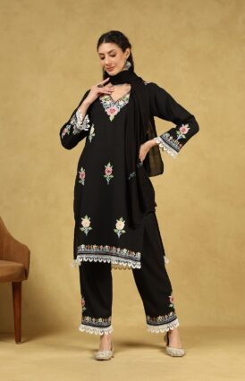 Pantalms Crafts Cotton Aari Embroidered Solid Women's 3 PC Short Kurta Set with Dupatta - Black
