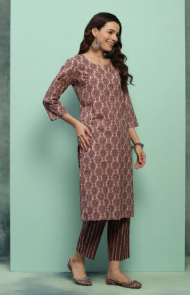Cotton Printed Women's 2 PC Long Kurta Set - Maroon
