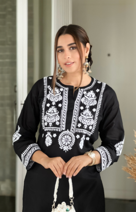 Cotton  Solid Women's 2 PC Long Kurta Set - Black