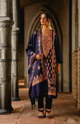 Pantalms Crafts Aari Woollen Straight Kurta Set with Dupatta-Blue