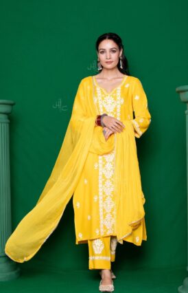 Rayon  Solid Women's 3 PC Long Kurta Set - Yellow
