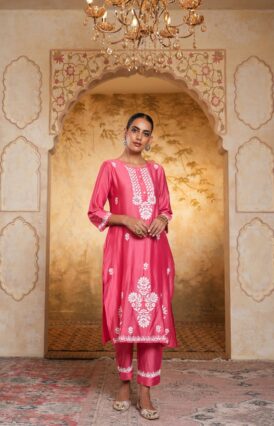 Chanderi  Solid Women's 2 PC Long Kurta Set - Red