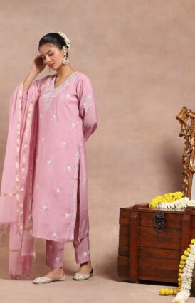 Chanderi  Mukaish Solid Women's 4 PC Long Kurta Set - Pink