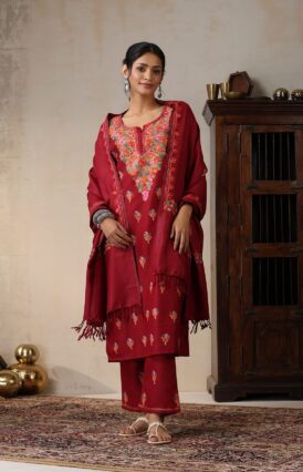 Pantalms Crafts Woollen Aari Embroidered Solid Women's 3 PC Long Kurta Set with Dupatta - Maroon