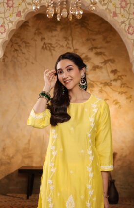 Chanderi  Solid Women's 2 PC Long Kurta Set - Yellow