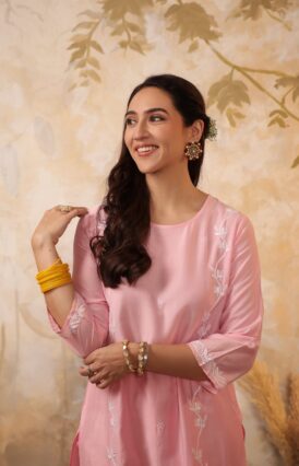 Chanderi  Solid Women's 2 PC Long Kurta Set - Pink