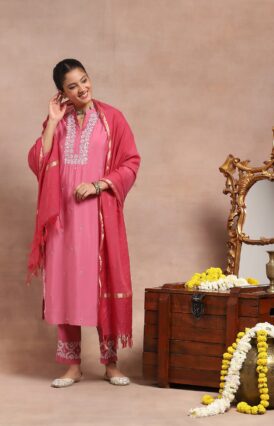 Chanderi  Mukaish Solid Women's 4 PC Long Kurta Set - Pink