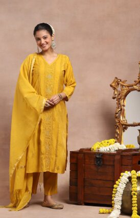 Chanderi  Mukaish Solid Women's 4 PC Long Kurta Set - Mustard Yellow